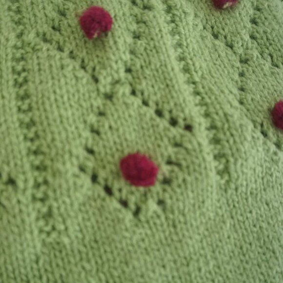 Vintage Hand Knit Lime Green Argyle Crochet PomPom Scoop Neck Sweater Small - Picture 11 of 11